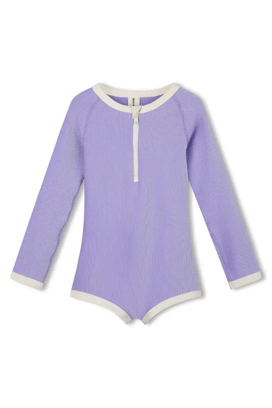 Mini Stripe Rib Rashie Onesie - Grape sold by Zulu and Zephyr