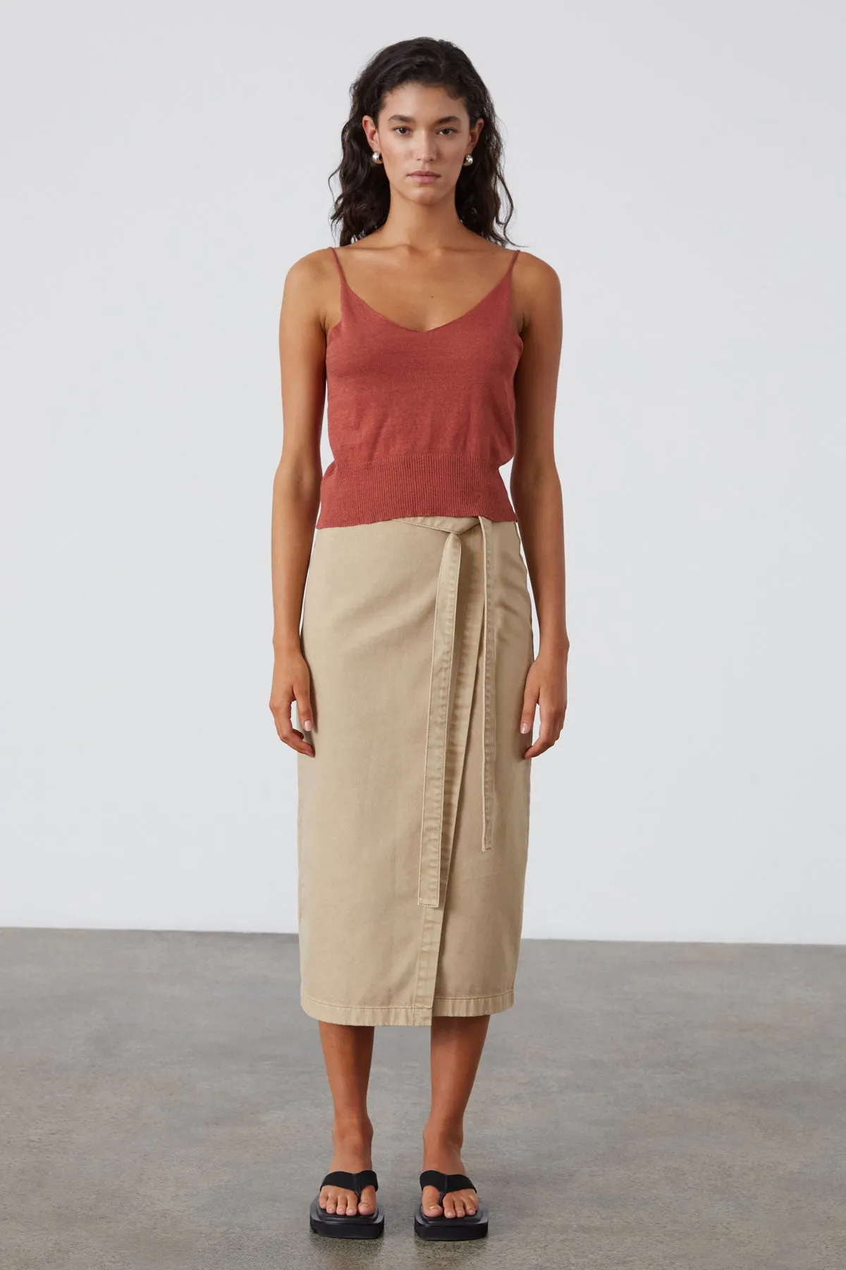 Sand Denim Wrap Midi Skirt sold by Zulu and Zephyr