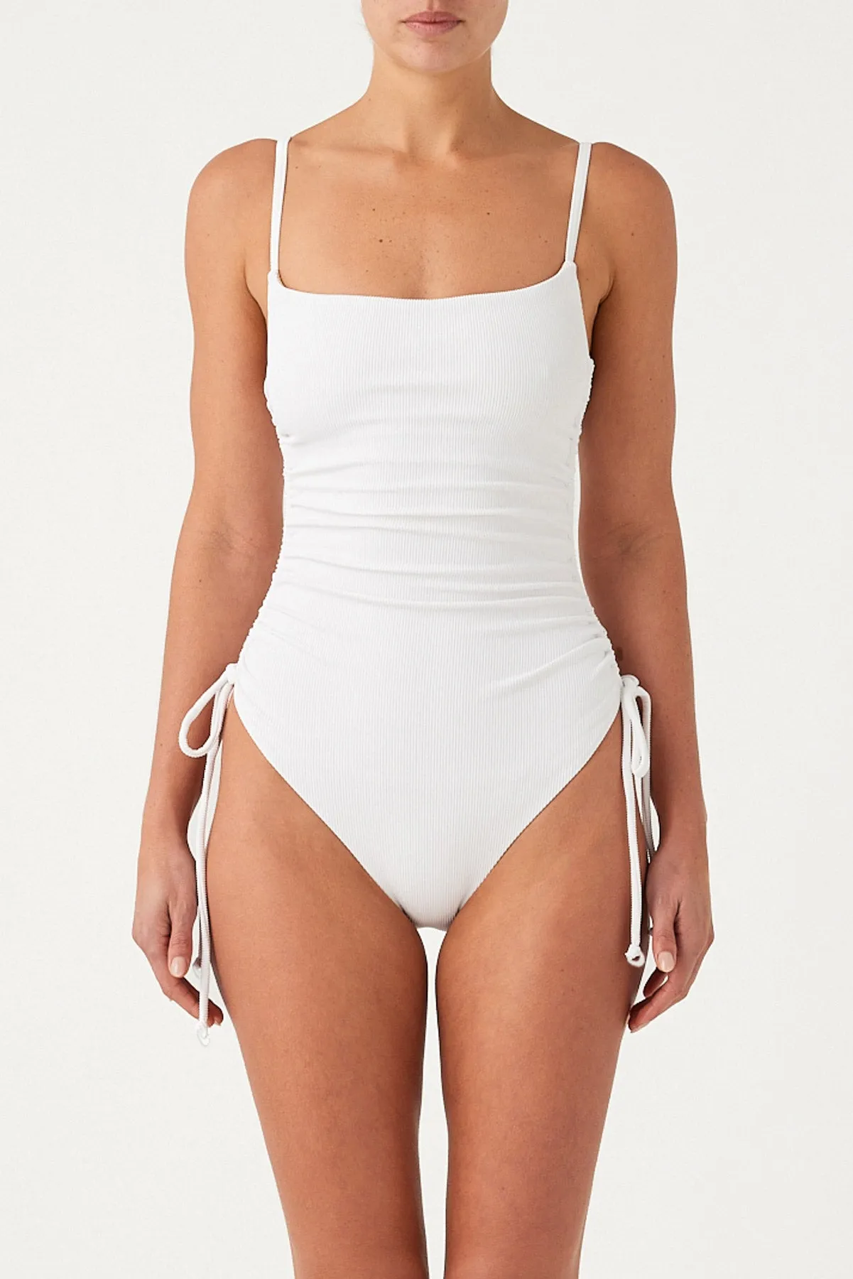 Signature Stripe Gathered One Piece - White sold by Zulu and Zephyr