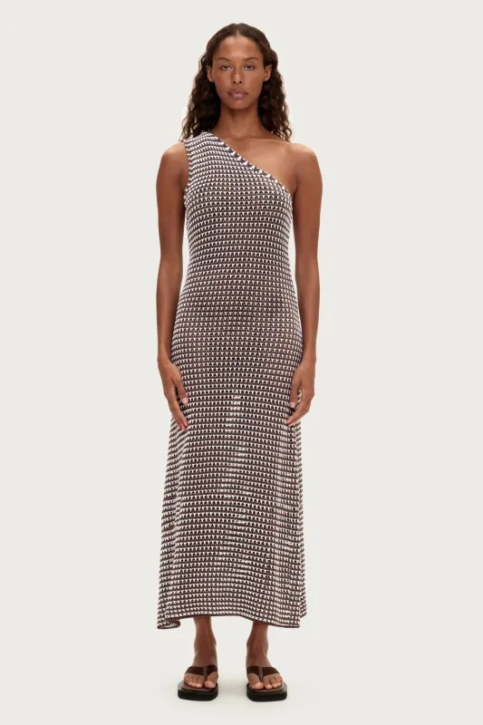 Lattice Knit One Shoulder Dress - Brown Stripe sold by Zulu and Zephyr