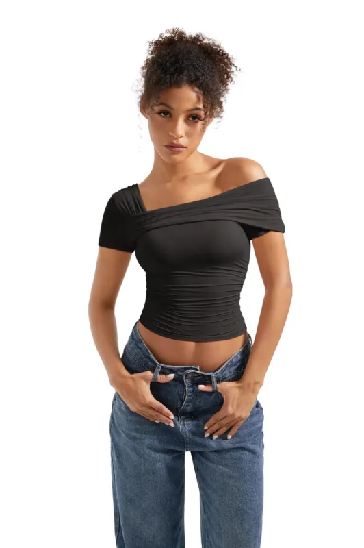 Off Shoulder Ruched Shirt - Short Sleeve sold by Suuksess