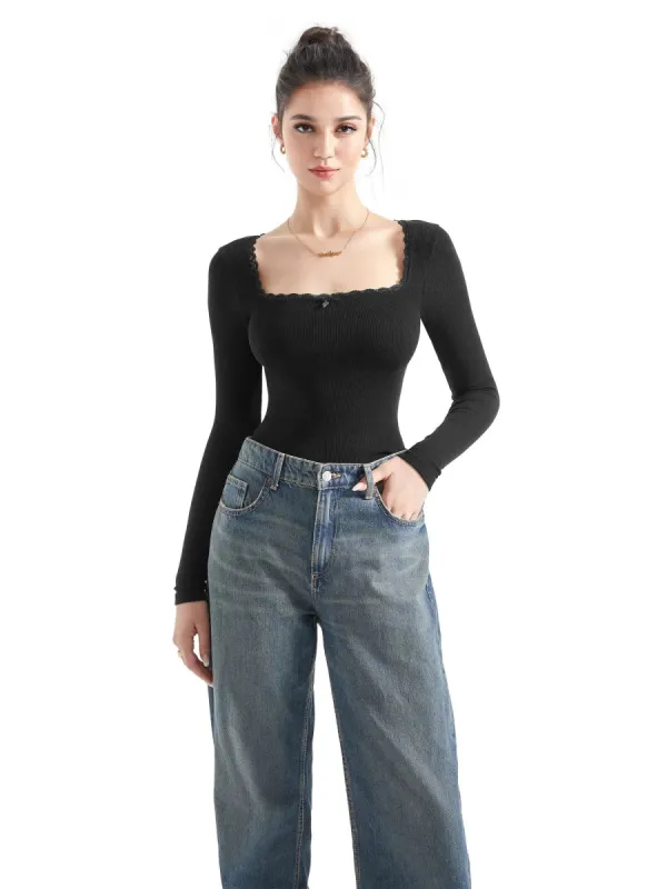 Ribbed Lace Square Neck Shirt - Long Sleeve sold by Suuksess