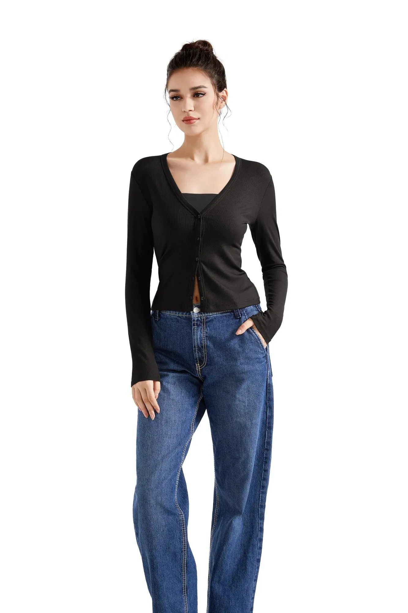 Ribbed V Neck Cardigan Shirt - Long Sleeve sold by Suuksess product image thumbnail 2