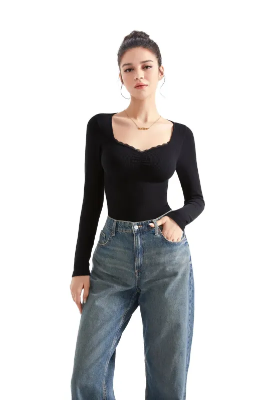 Ribbed Lace V Neck Shirt - Long Sleeve sold by Suuksess