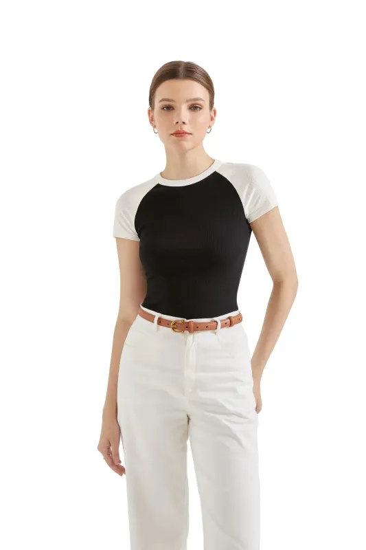 SUUKSESS Women Ribbed Cute Color Block Short Sleeve T Shirts Basic Summer Crew Neck Slim Fit Going Out Tops made by Suuksess