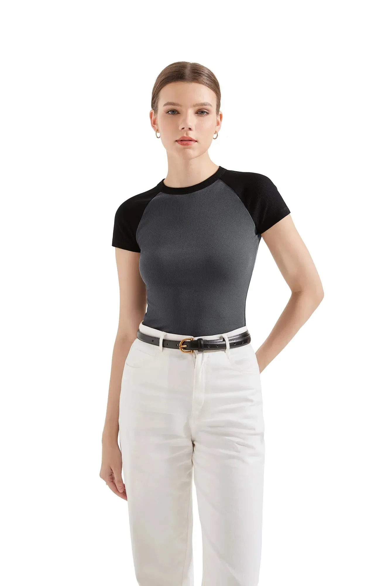 SUUKSESS Women Ribbed Cute Color Block Short Sleeve T Shirts Basic Summer Crew Neck Slim Fit Going Out Tops sold by Suuksess product image thumbnail 5