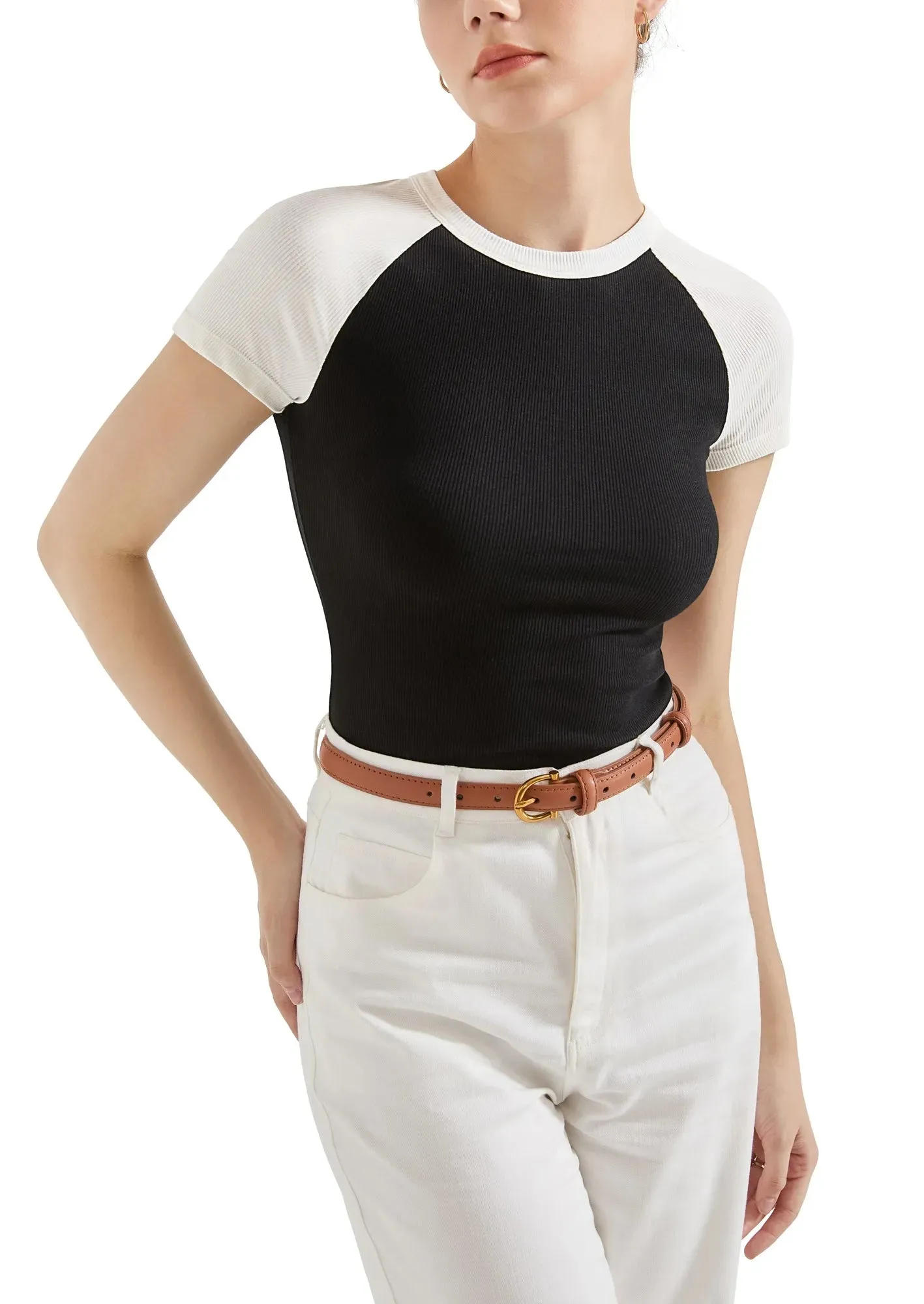 SUUKSESS Women Ribbed Cute Color Block Short Sleeve T Shirts Basic Summer Crew Neck Slim Fit Going Out Tops sold by Suuksess product image thumbnail 2