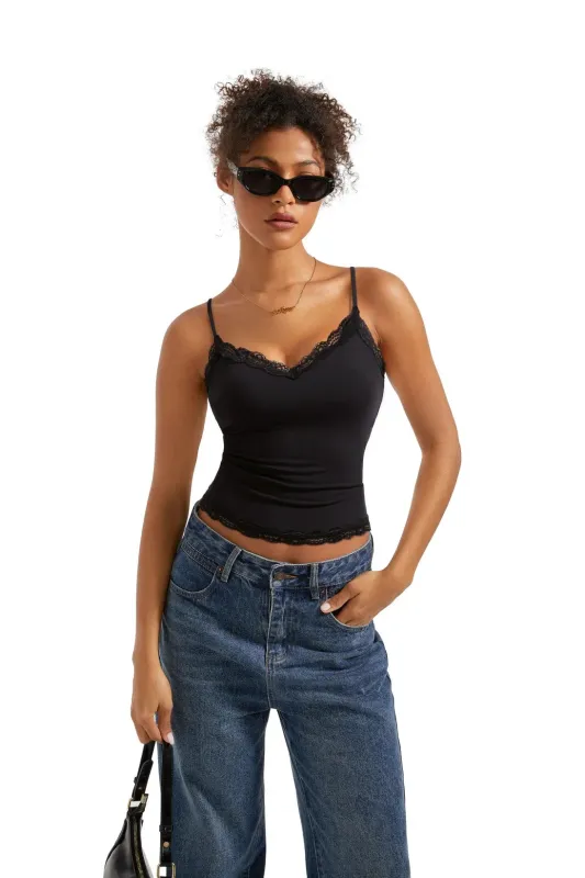 SUUKSESS Women Padded Lace Spaghetti Strap Tank Tops Sexy V Neck Summer Going Out Top sold by Suuksess