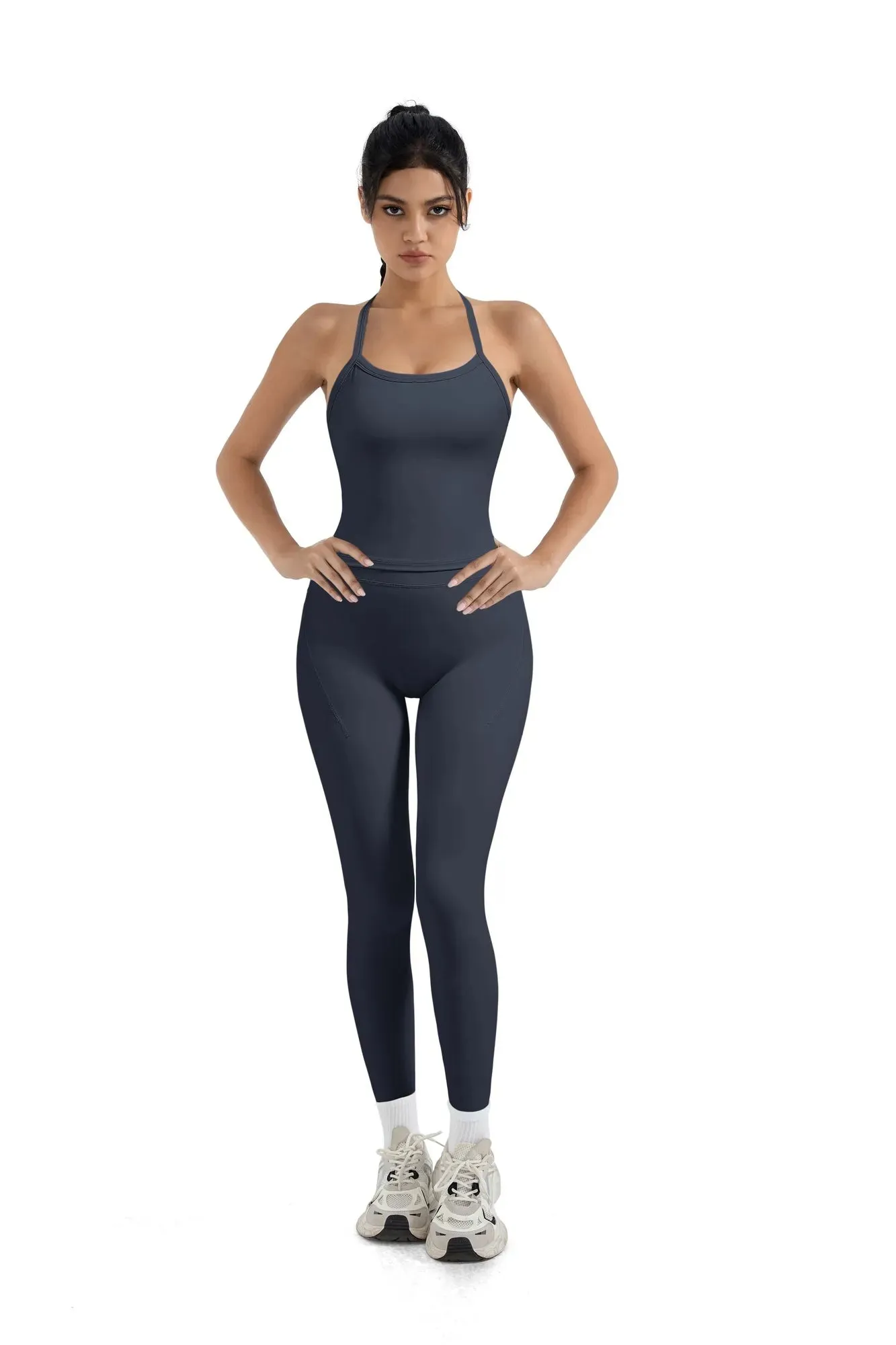 SUUKSESS Women 2 Piece Workout Sets Compression Tummy Control Leggings with Pockets Halter Built in Bra Tank Tops sold by Suuksess product image thumbnail 2