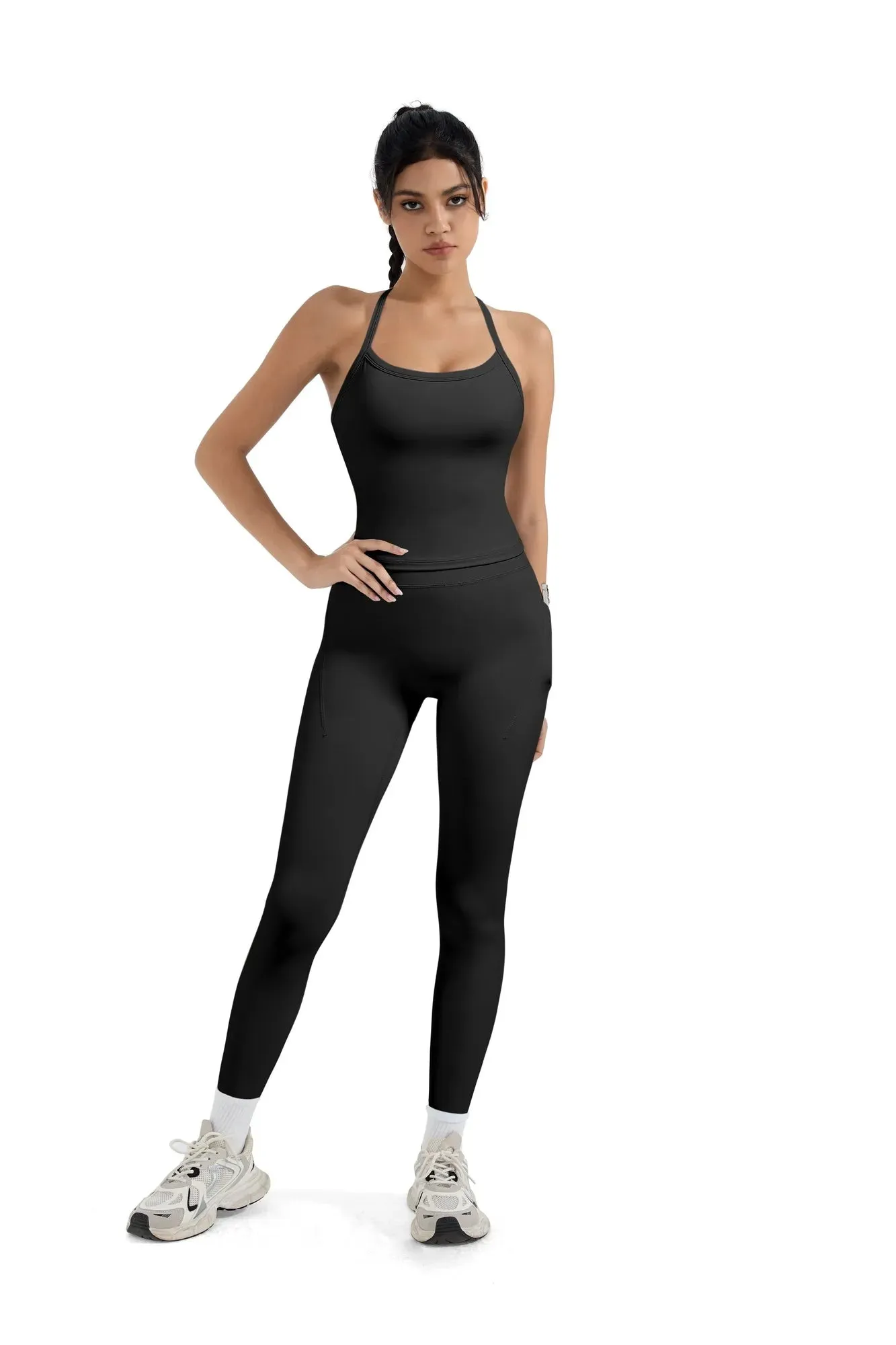 SUUKSESS Women 2 Piece Workout Sets Compression Tummy Control Leggings with Pockets Halter Built in Bra Tank Tops sold by Suuksess product image thumbnail 3