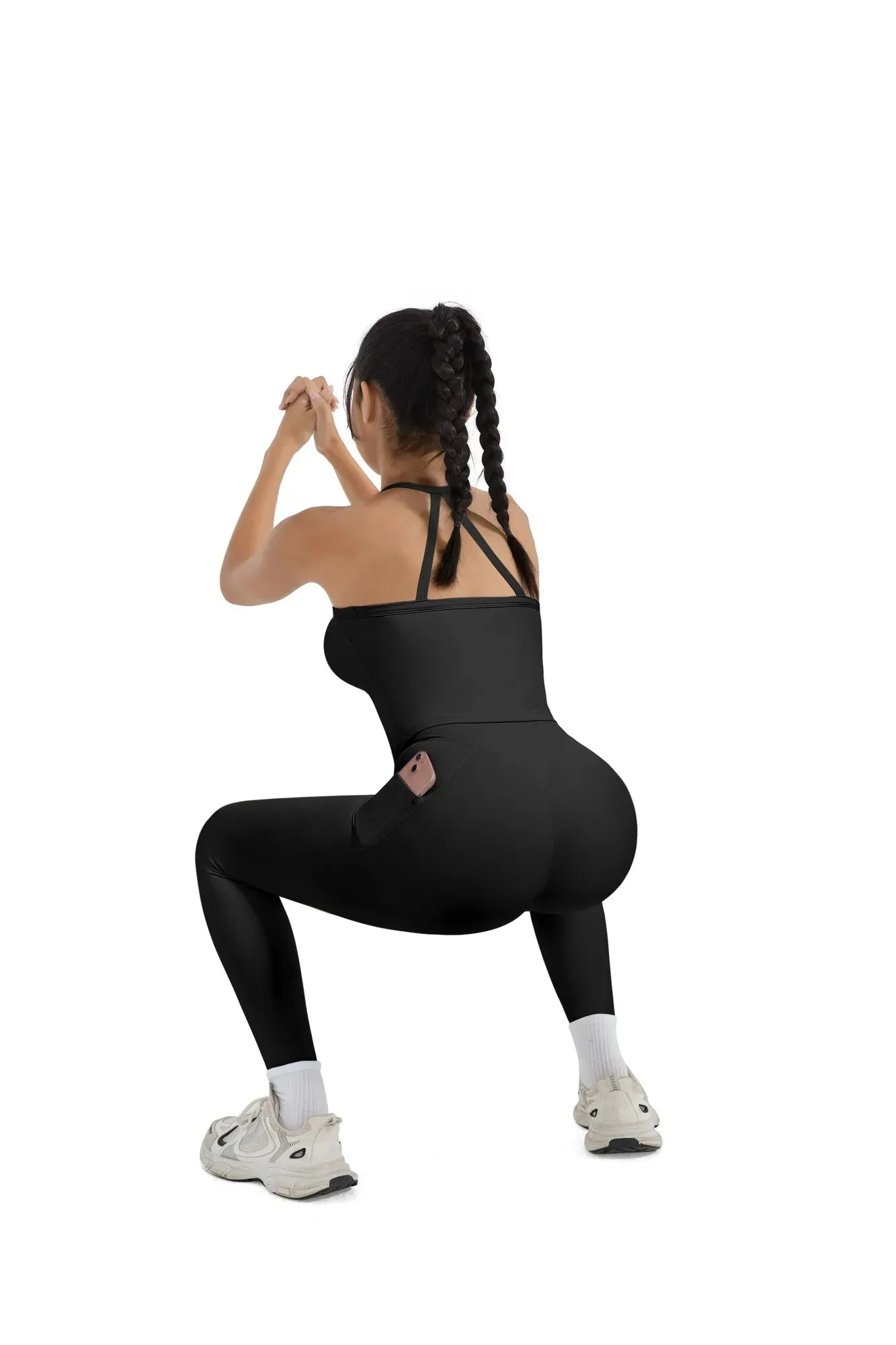 SUUKSESS Women 2 Piece Workout Sets Compression Tummy Control Leggings with Pockets Halter Built in Bra Tank Tops sold by Suuksess product image thumbnail 4