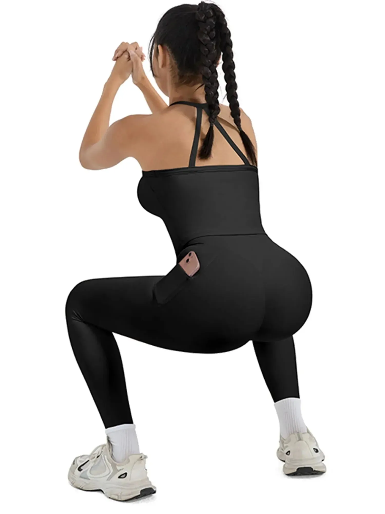 SUUKSESS Women 2 Piece Workout Sets Compression Tummy Control Leggings with Pockets Halter Built in Bra Tank Tops sold by Suuksess product image thumbnail 5