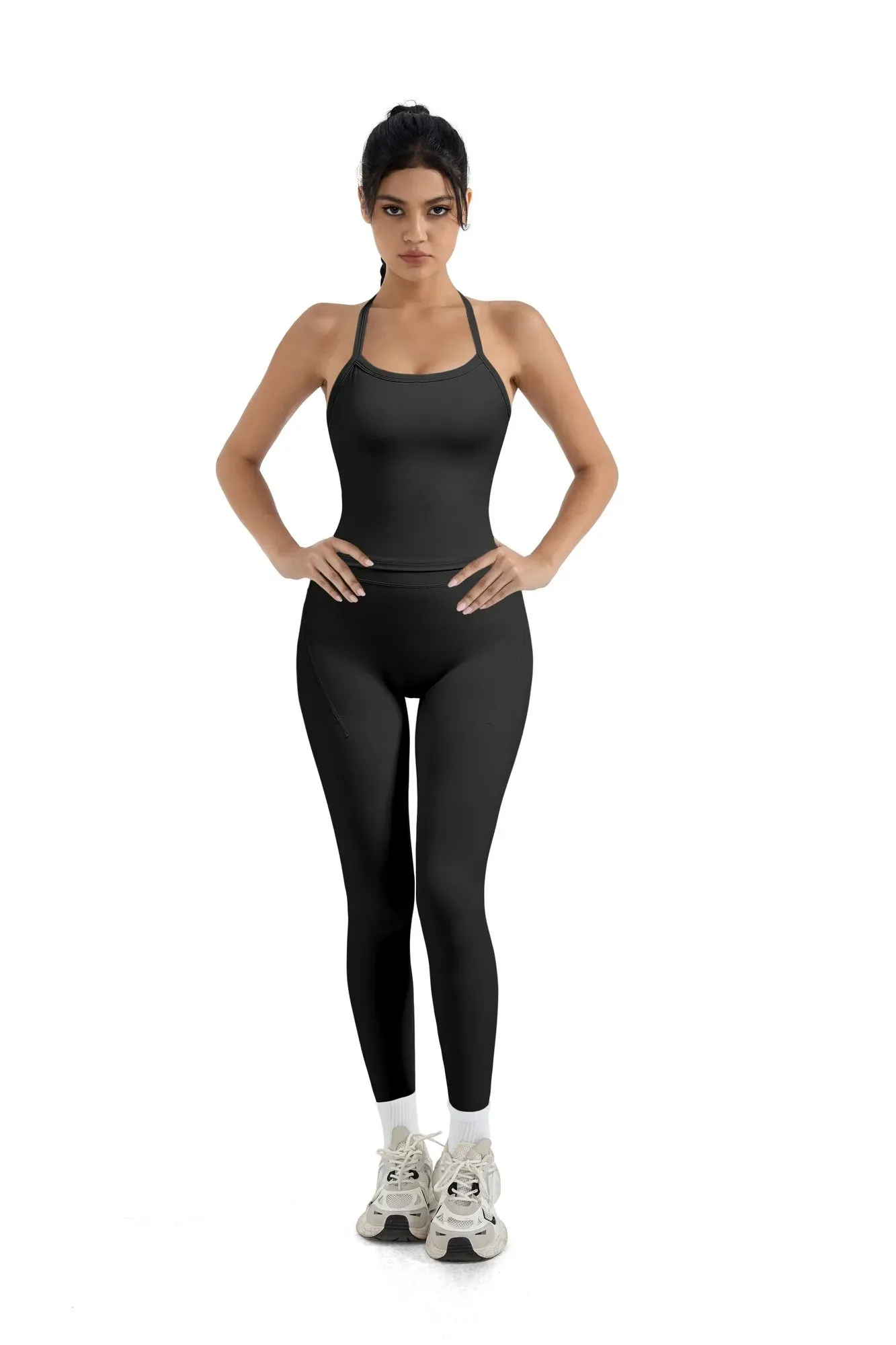 SUUKSESS Women 2 Piece Workout Sets Compression Tummy Control Leggings with Pockets Halter Built in Bra Tank Tops sold by Suuksess