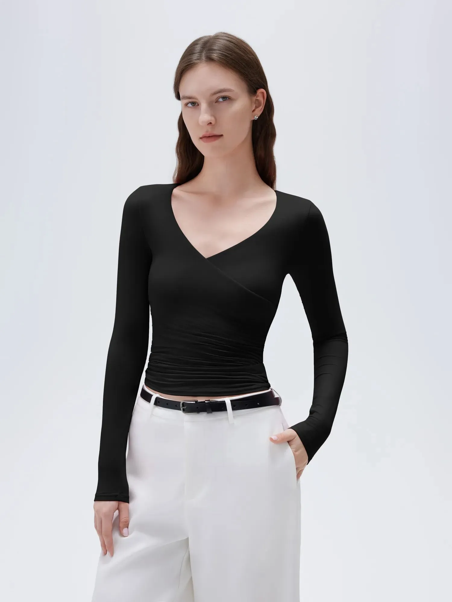 SUUKSESS Women Sexy V Neck Long Sleeve Shirts Double Lined Wrap Going Out Tops sold by Suuksess product image thumbnail 3