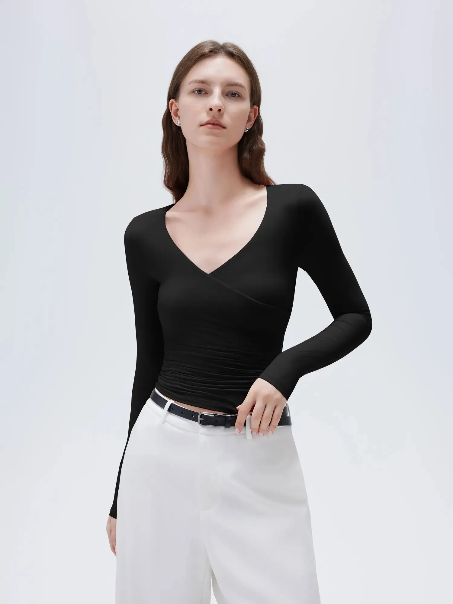 SUUKSESS Women Sexy V Neck Long Sleeve Shirts Double Lined Wrap Going Out Tops sold by Suuksess product image thumbnail 4