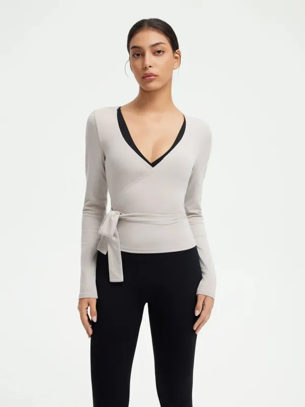 Ribbed Wrap Front Tie V Neck Shirt - Long Sleeve sold by Suuksess