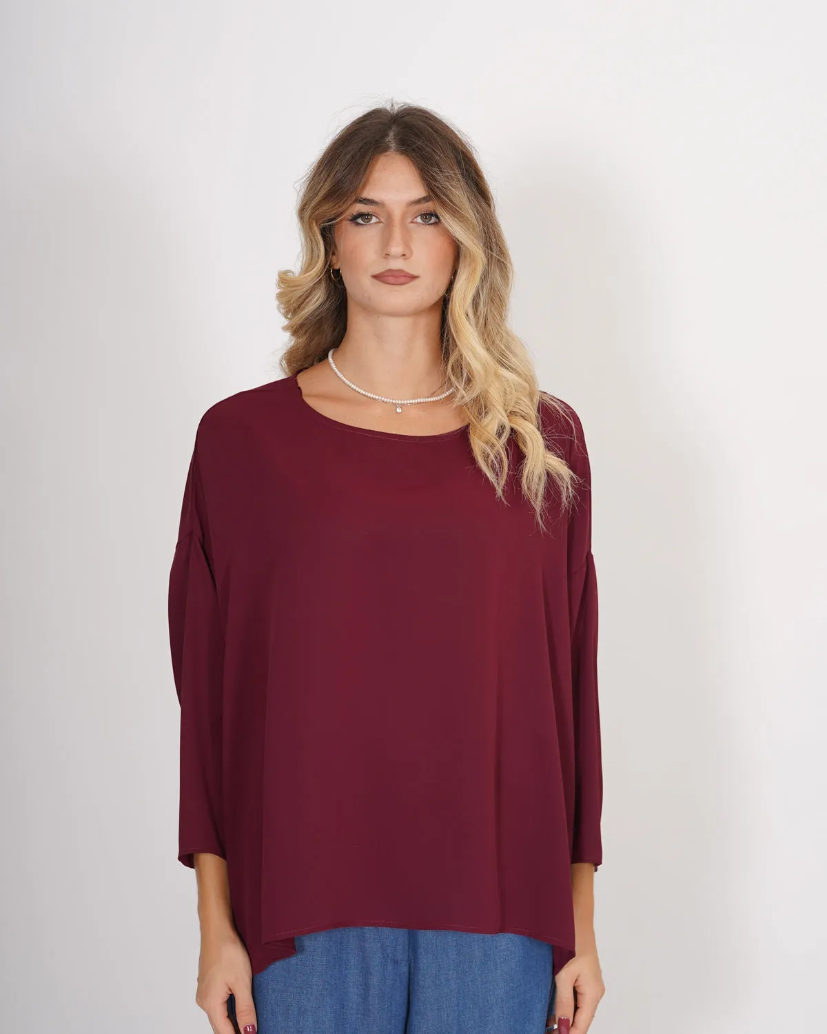Blusa over girocollo manica raglan in mano seta - Avocado sold by Hope Fashion