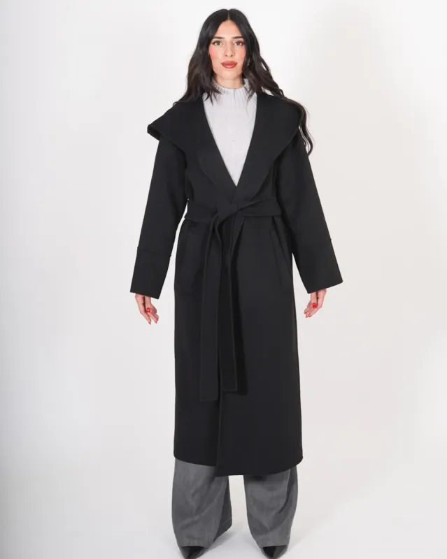 Cappotto lungo con cappuccio e cintura removibile in tessuto double di lana - Bertolucci sold by Hope Fashion