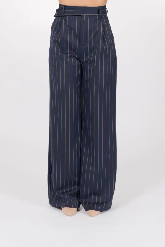 Pantaloni palazzo gessati con pence, abbottonatura laterale, tasche e taschino sul retro - Flamingo sold by Hope Fashion