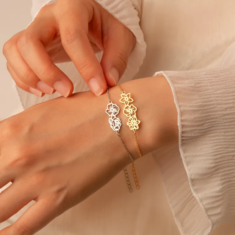 Custom Birth Flower Connected Sterling Silver Bracelet sold by Anavia