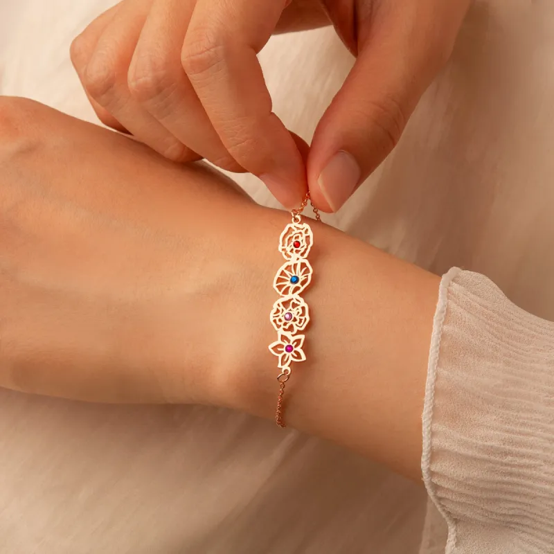 Custom Birth Flower with Birthstone Sterling Silver Bracelet sold by Anavia