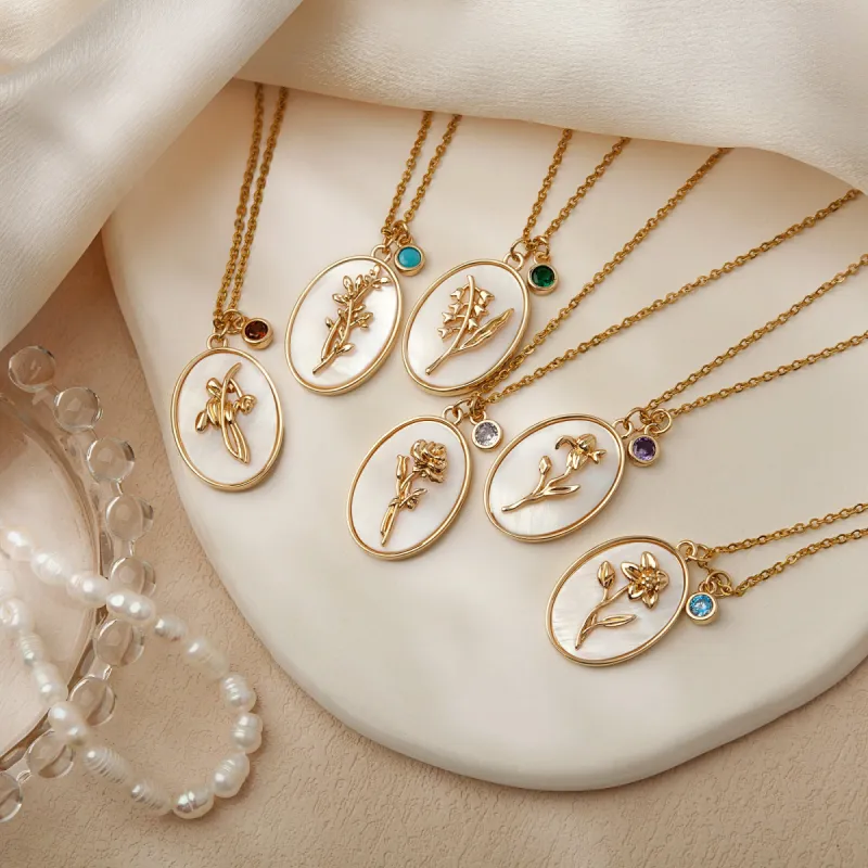 Mother of Pearl Birth Flower Necklace with Birthstone Charm sold by Anavia