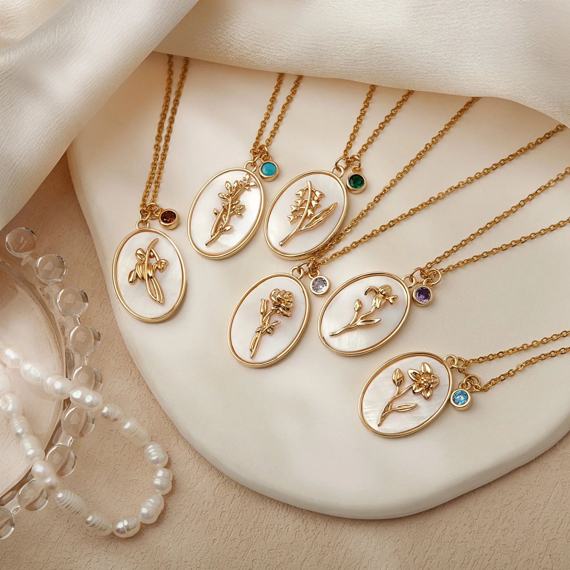 Mother of Pearl Birth Flower Necklace with Birthstone Charm sold by Anavia