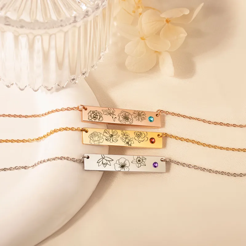 1-4 Birth Flower Birthstone Bar Necklace sold by Anavia
