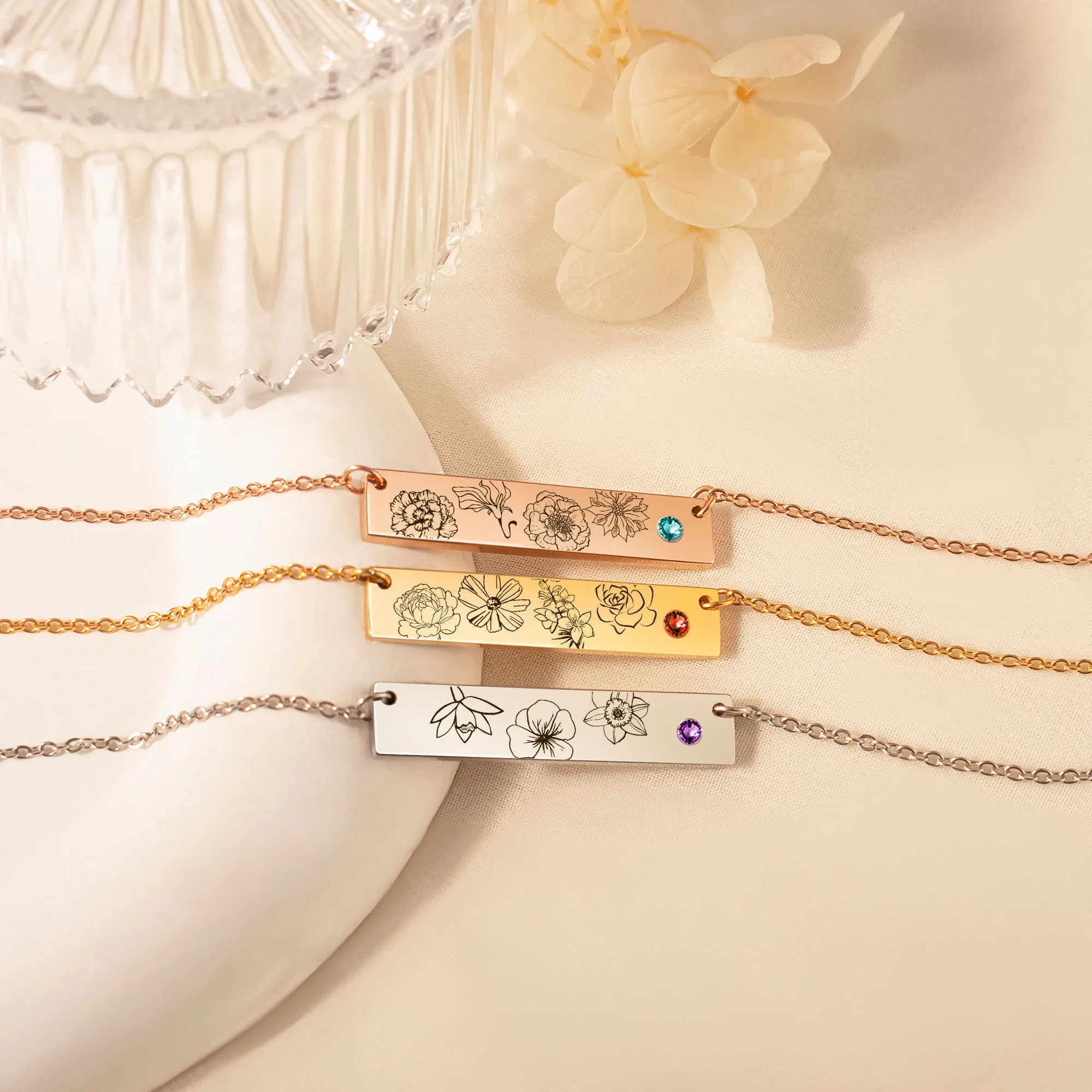 1-4 Birth Flower Birthstone Bar Necklace sold by Anavia