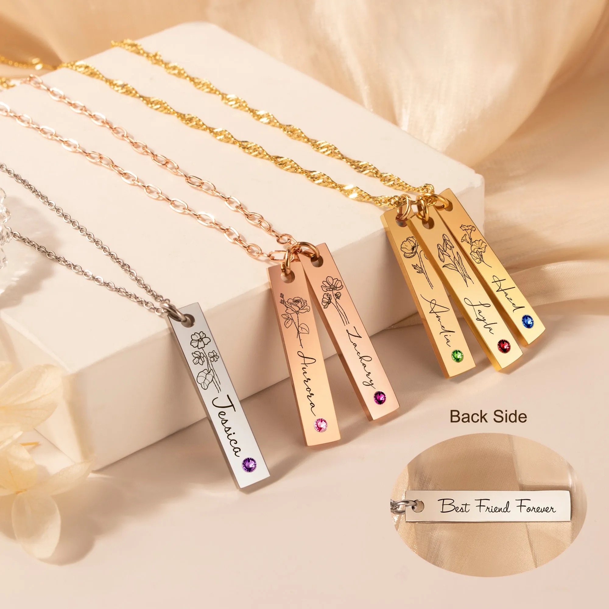 Flower and Name Vertical Bar Birthstone Necklace sold by Anavia