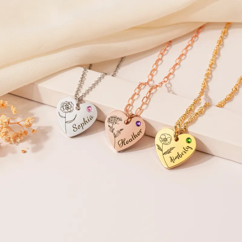 Flower and Name Birthstone Heart Necklace sold by Anavia
