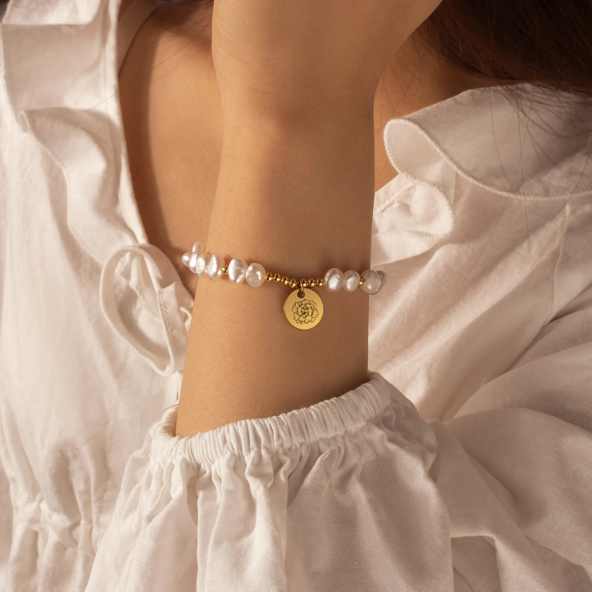Personalized Birth Flower Charm Pearl Bracelet sold by Anavia product image thumbnail 2