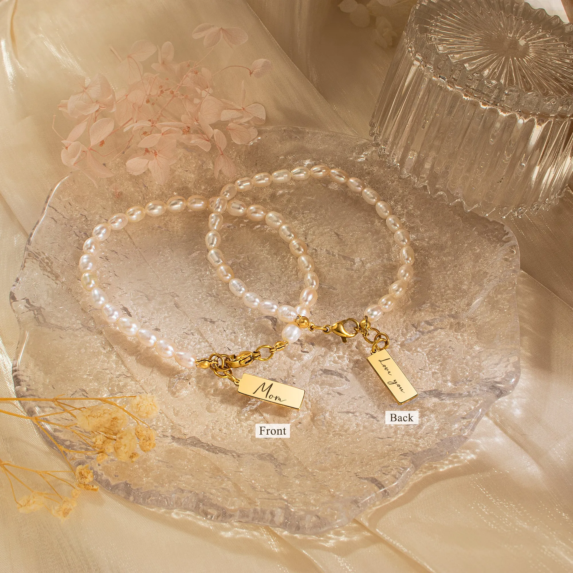 Personalized Square Charm Pearl Bracelet sold by Anavia