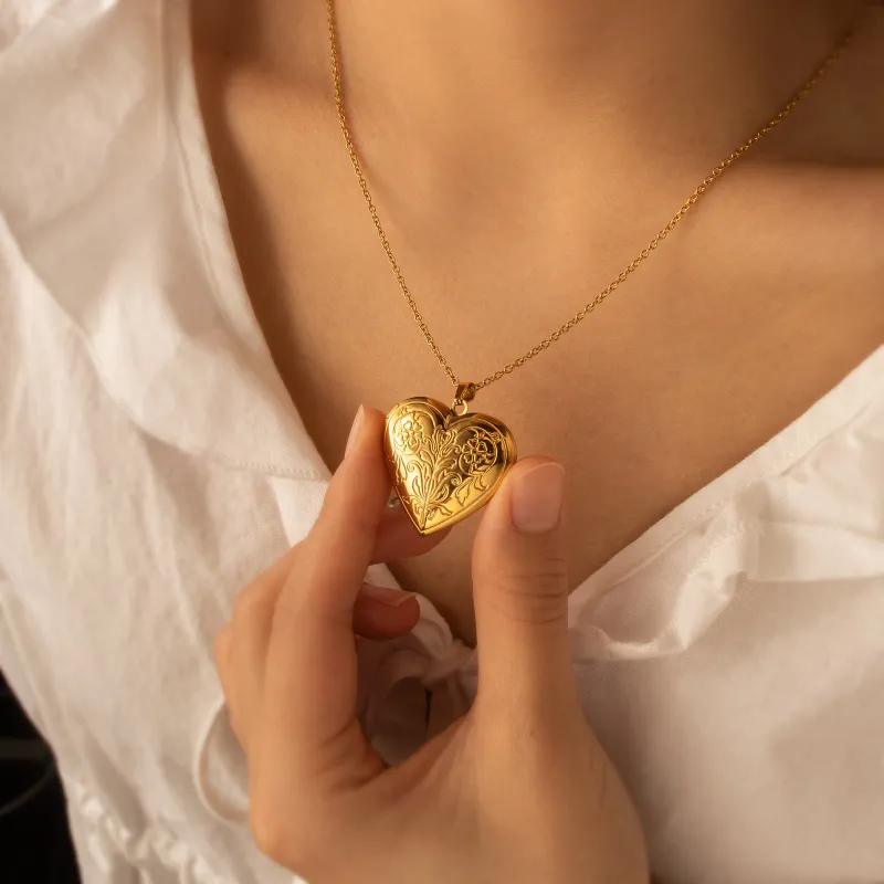 Symmetrical Floral Pattern Photo Heart Locket sold by Anavia