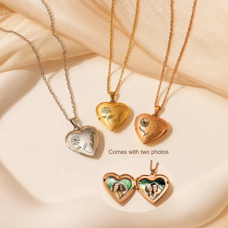 Small & Big Heart Birth Flower and Name Locket Necklace sold by Anavia