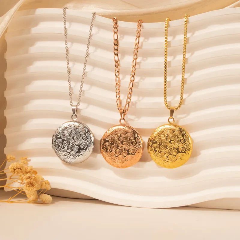 Vintage Flower Round Photo Locket Necklace sold by Anavia