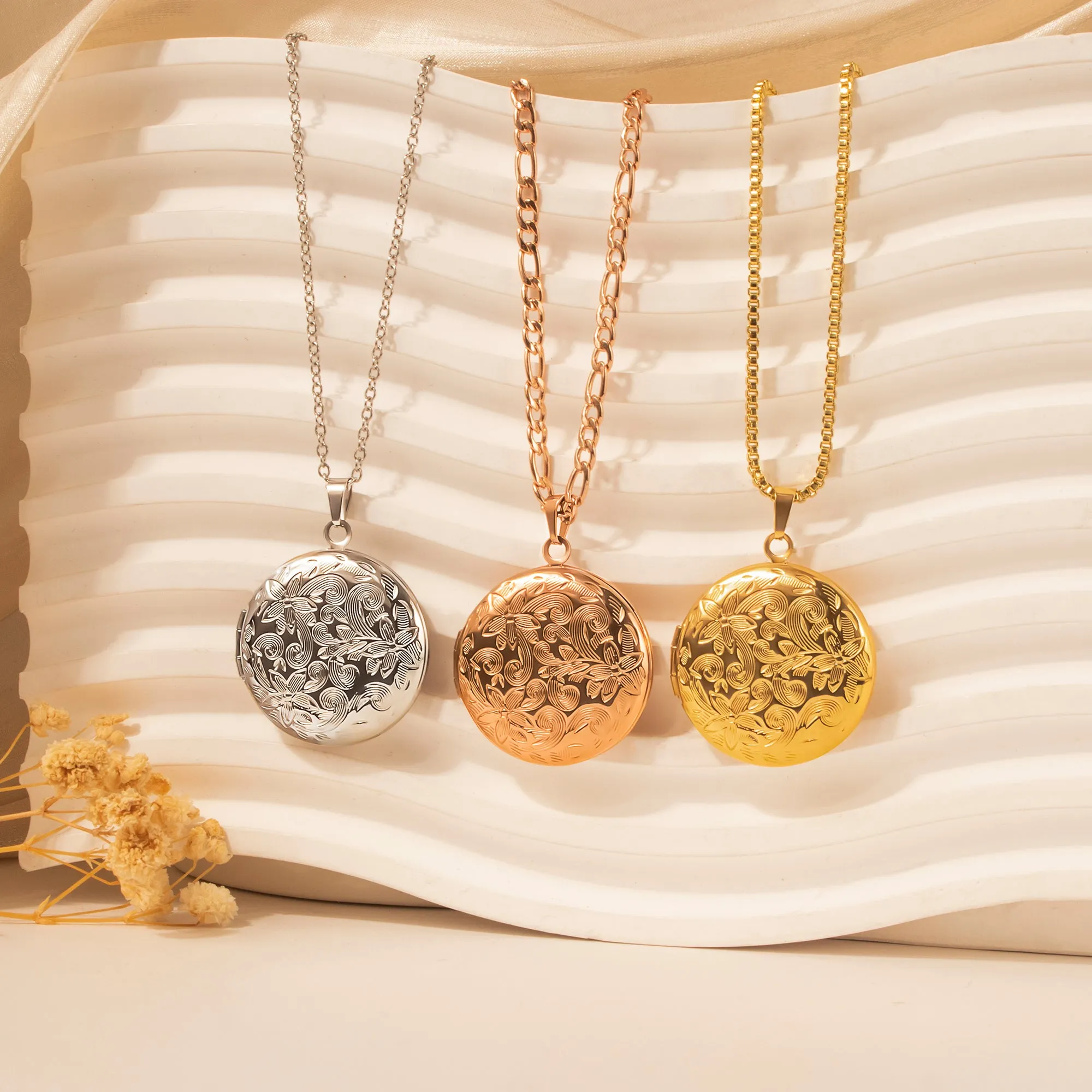 Vintage Flower Round Photo Locket Necklace sold by Anavia