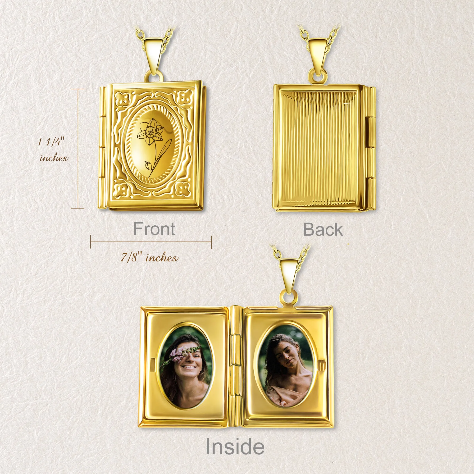 Birth Flower 18K Gold Vintage Square Locket Necklace sold by Anavia product image thumbnail 3