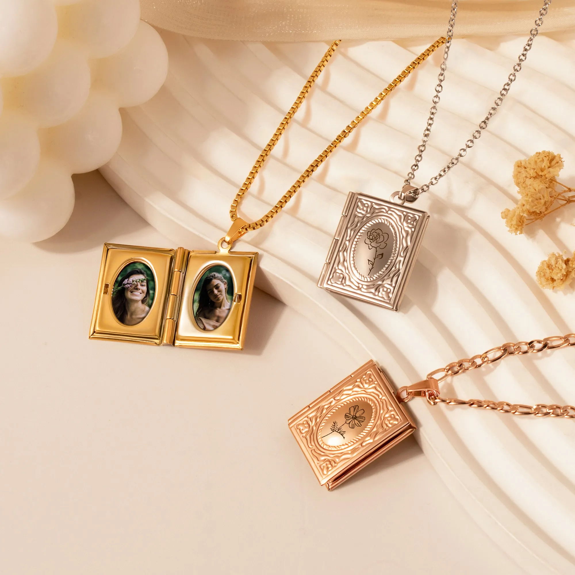 Birth Flower 18K Gold Vintage Square Locket Necklace sold by Anavia