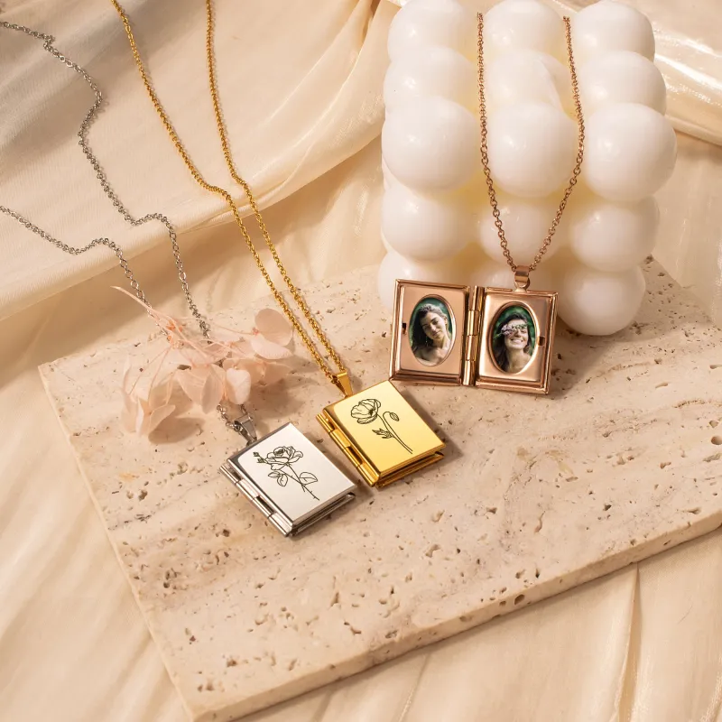 Square Birth Flower Photo Locket Necklace sold by Anavia