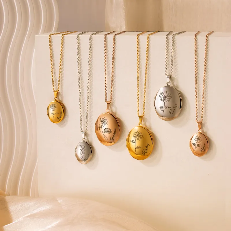 Oval Birth Flower and Name Photo Locket Necklace sold by Anavia