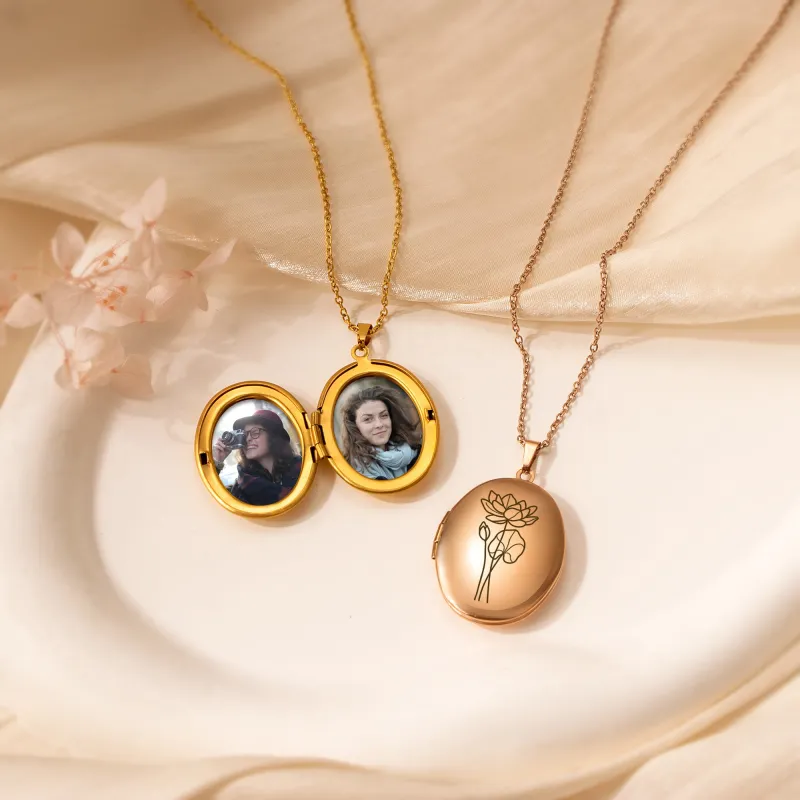 Oval Birth Flower Photo Locket Necklace sold by Anavia