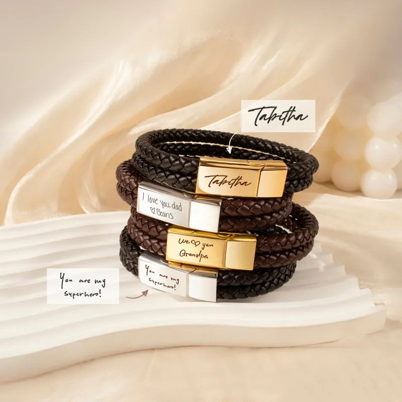 Custom Handwriting Engraving Double Strap Leather Bracelet sold by Anavia