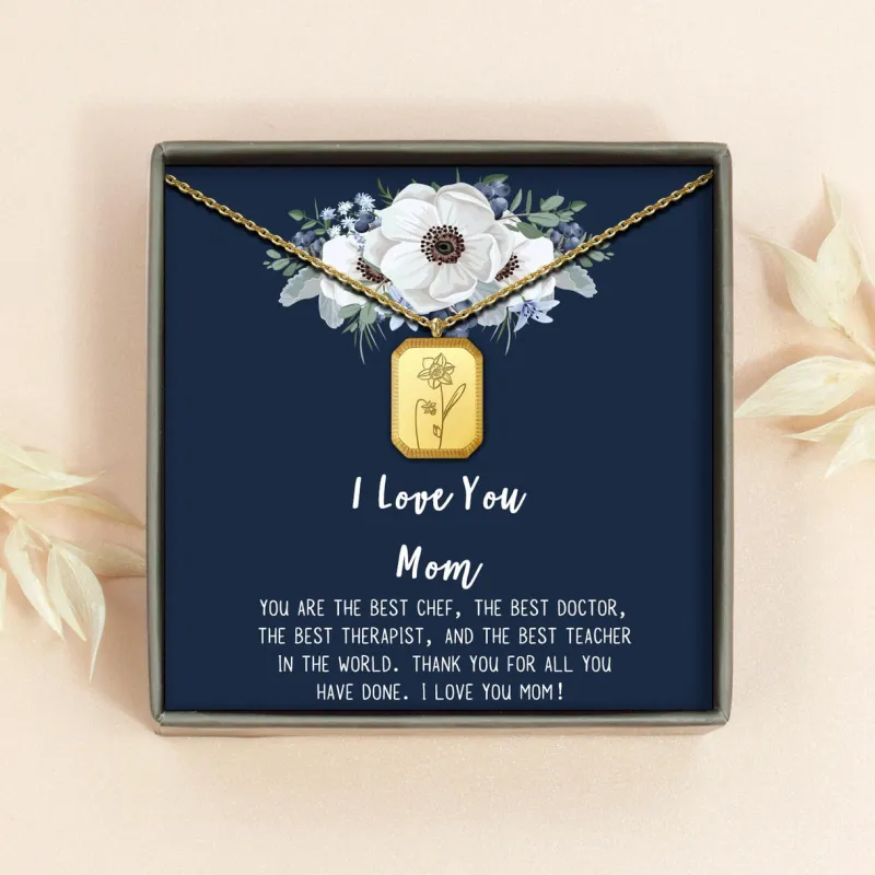 "I Love You Mom" Rectangle Birth Flower Necklace sold by Anavia