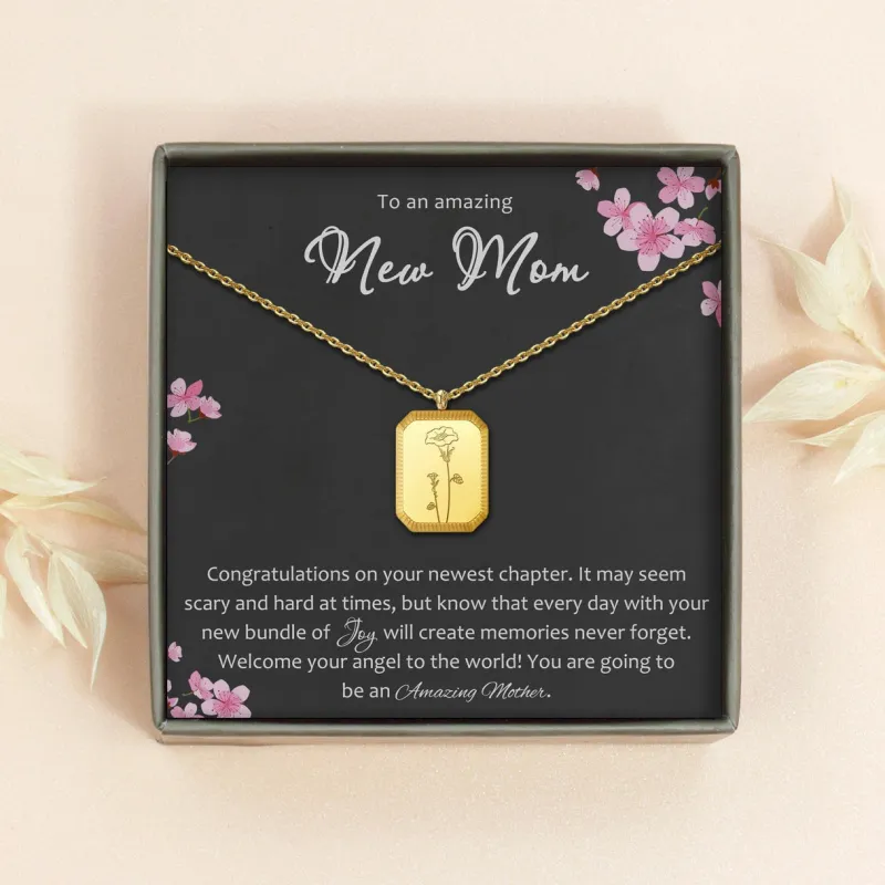 "To an Amazing New Mom" Rectangle Birth Flower Necklace sold by Anavia