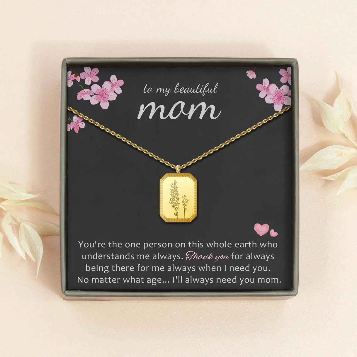 "To My Beautiful Mom" Rectangle Birth Flower Necklace sold by Anavia