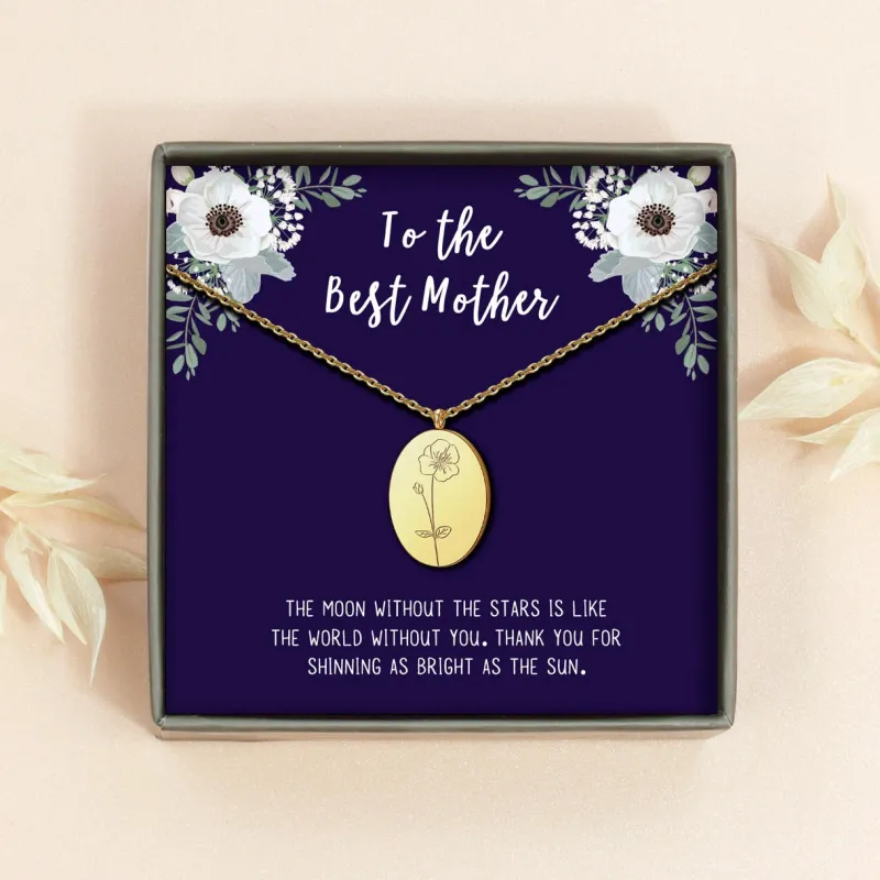 "To the Best Mother" Oval Birth Flower Necklace sold by Anavia