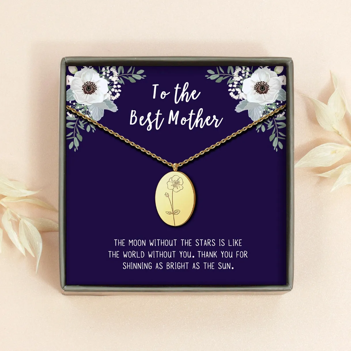 "To the Best Mother" Oval Birth Flower Necklace sold by Anavia