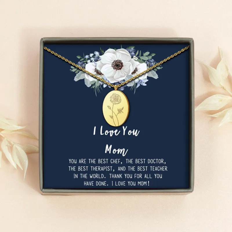"I Love You Mom" Oval Birth Flower Necklace sold by Anavia