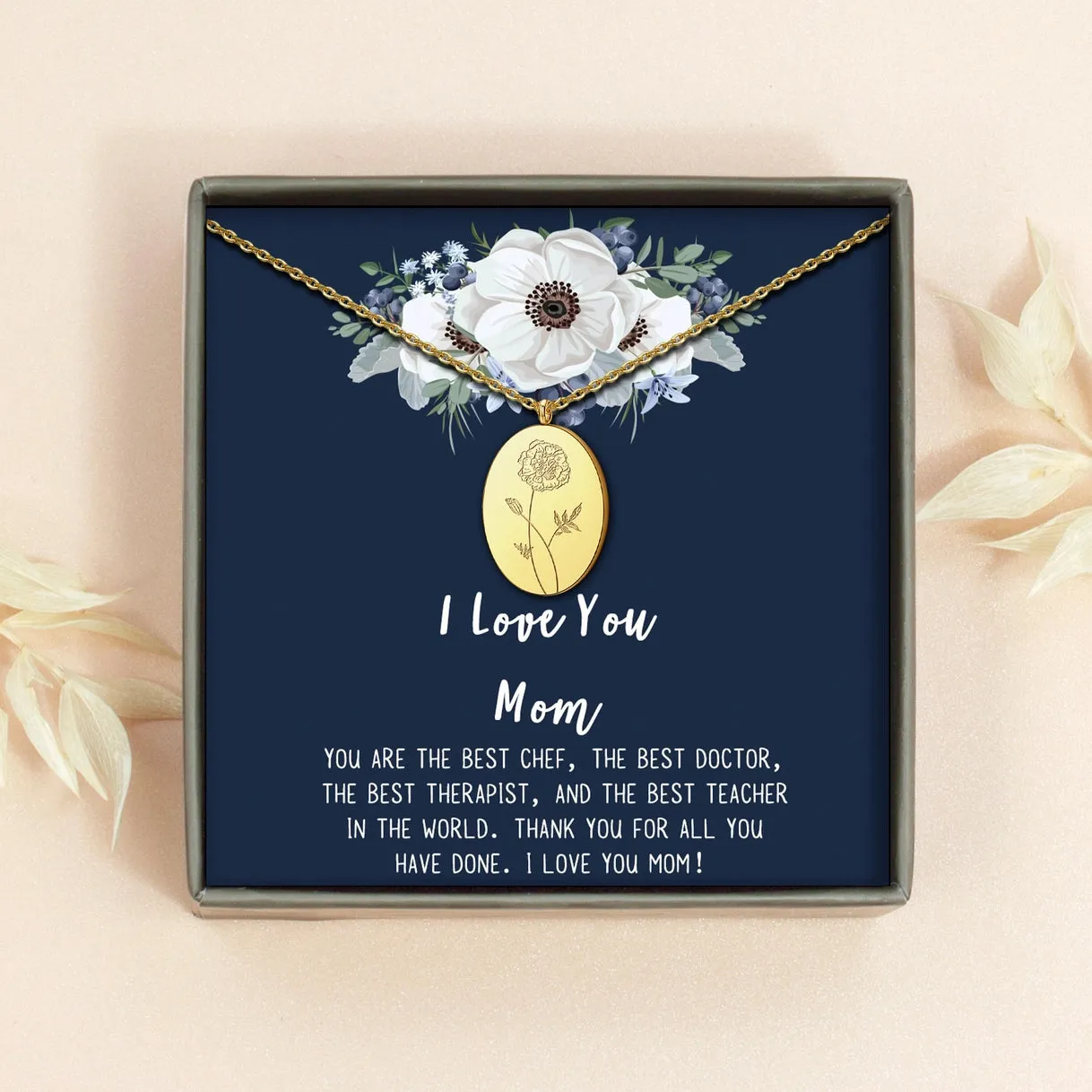 "I Love You Mom" Oval Birth Flower Necklace sold by Anavia